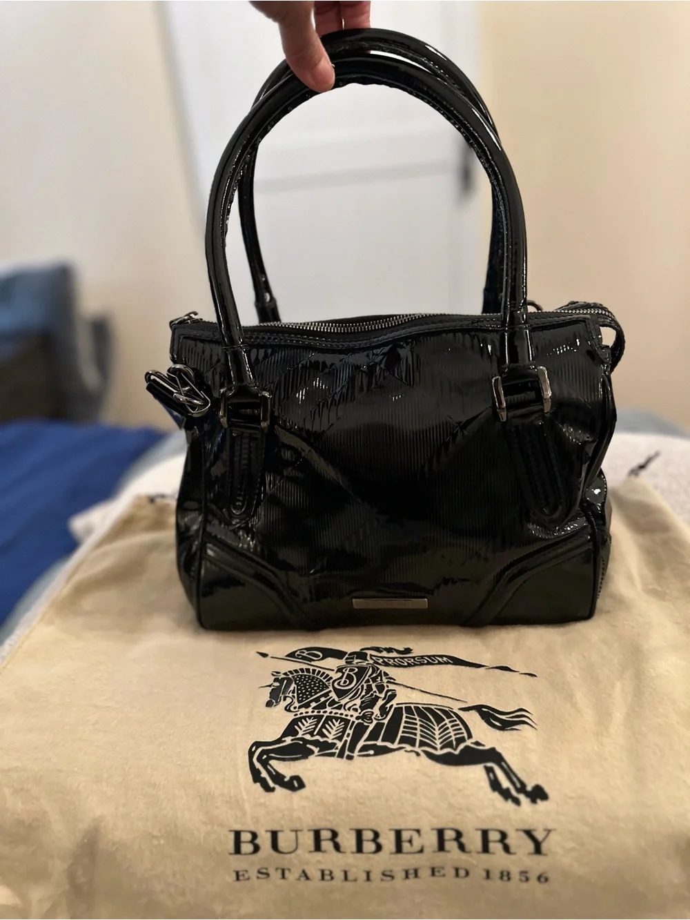 Vintage Burberry Embossed Black Patent Bowling Bag